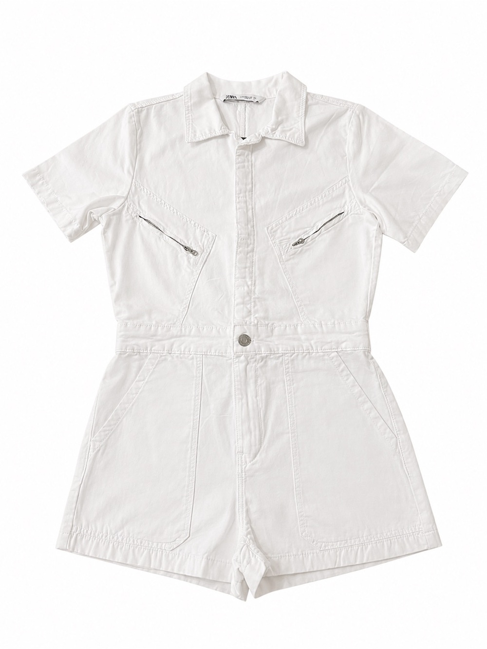 Zara White Collared Short-Sleeve Romper